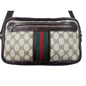 Gucci Camera Bag GG Monogram Canvas Web Stripe Brown Leather Crossbody